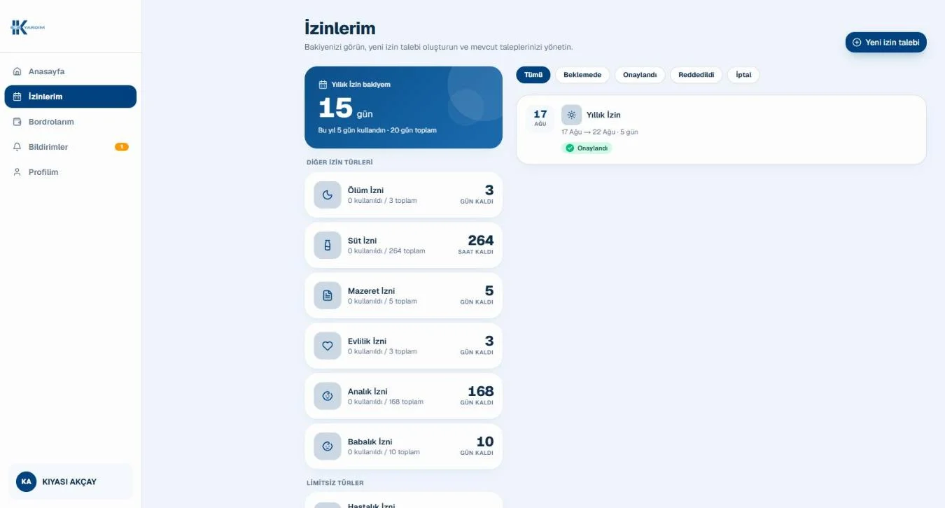 Çalışan portalı — İzinlerim ekranı, yıllık izin bakiyesi ve talep geçmişi
