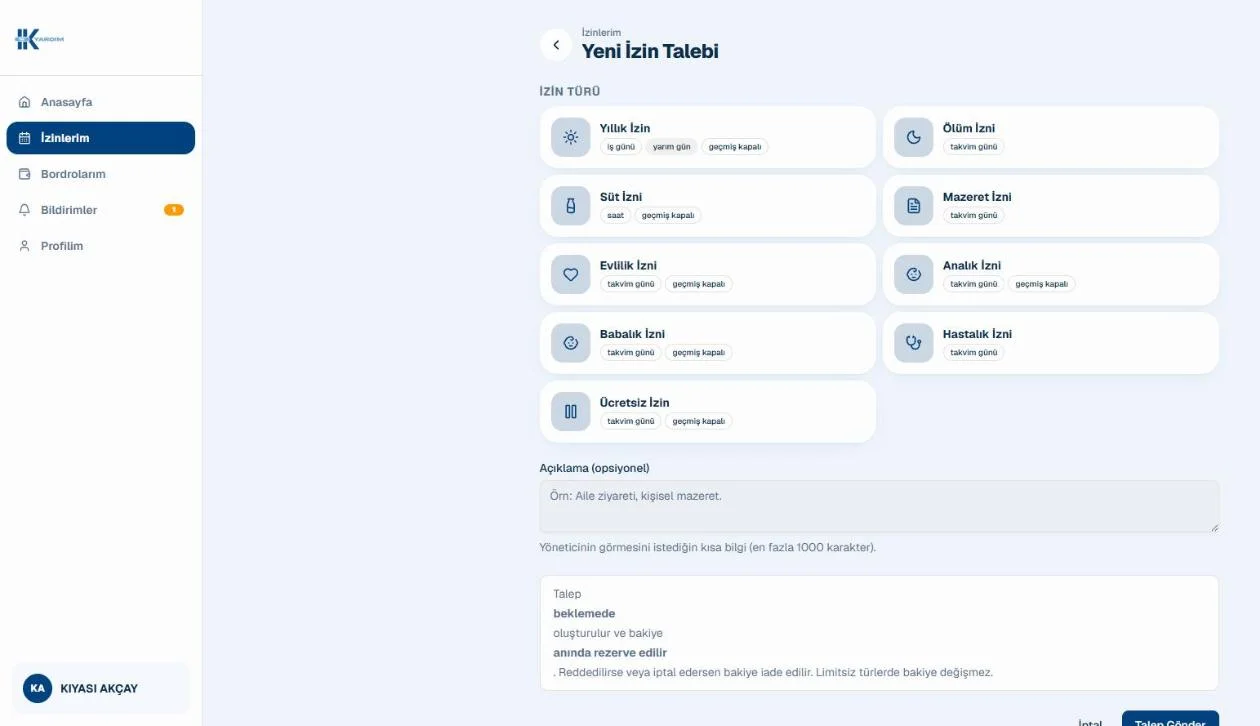Çalışan portalı — yeni izin talebi ekranı, izin türü seçimi